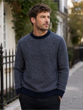 Porter +‎ Ash Textured Knit Sweater Navy White Crewneck Classic Minimalist